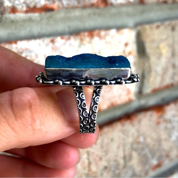 Sterling Silver 925 Rectangle Titanium Druzy Gemstone Handmade Ring Size 8 - Picture 5 of 6